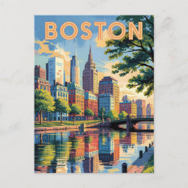 Cartão Postal Boston Massachusetts Skyline Viagem Art Vintage