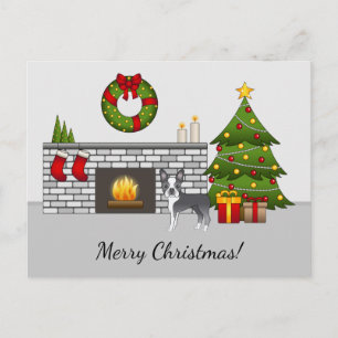 Cartão Postal Boston Terrier azul em uma sala de Natal festiva