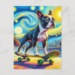 Cartão Postal Boston Terrier Colorido de Skate com Van Gogh