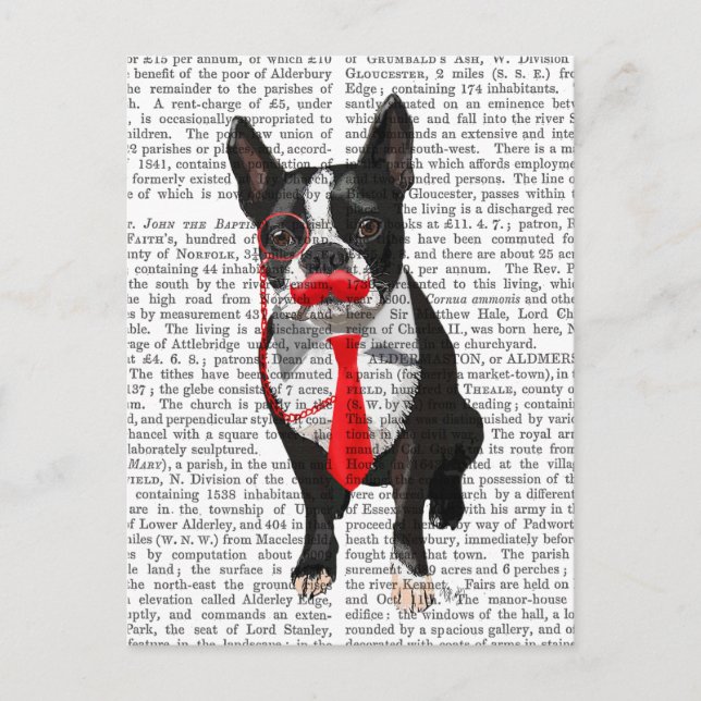 Cartão Postal Boston Terrier com Red Tie e bigode 2 (Frente)