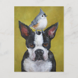 Cartão postal Boston Terrier e titmouse