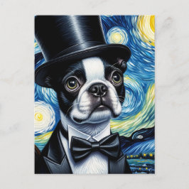 Cartão Postal Boston Terrier em um Topete Van Gogh
