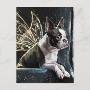 Cartão Postal Boston Terrier Fairy em um trem