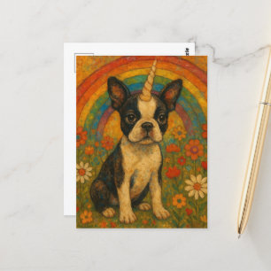 Cartão Postal Boston Terrier Unicorn Puppy e um arco-íris