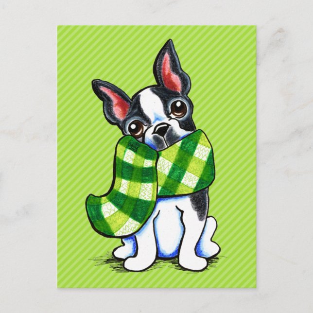 Cartão Postal Boston Terrier Xadrez Scarf Winter (Frente)