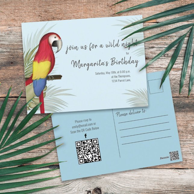 Cartão Postal Botanical Wild Birthday Bird QR Code Social Media (Criador carregado)
