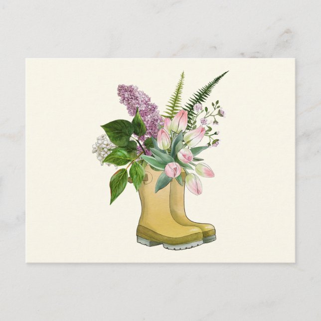 Cartão Postal Botas de Jardim com Tulip e Flores Lilases (Frente)