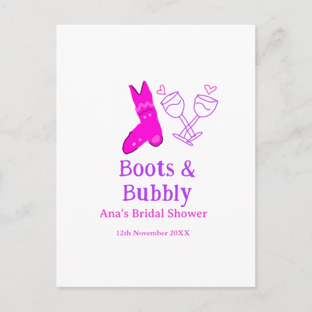 Cartão Postal Botas e champanhe borbulhante fralda de noiva rosa (Frente)