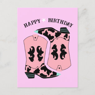 Cartão Postal Botas Western de Cowgirl Rosa Aniversário de Cowbo