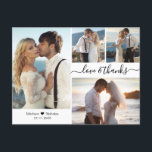 Cartão Postal Bote de Colagem de Script Elegante de Orçamento Ob<br><div class="desc">Casamento De Colagem Fotográfica Elegante, Mínimalista, Escrito À Mão 4, Obrigado Cartaz. modelo de cartões de agradecimentos de casamento com quatro fotos na frente e uma foto na parte traseira. Com o texto "Amor e obrigados" numa letra de tipografia ou de escrita caligráfica escrita à mão roxa, com inchaço ou...</div>