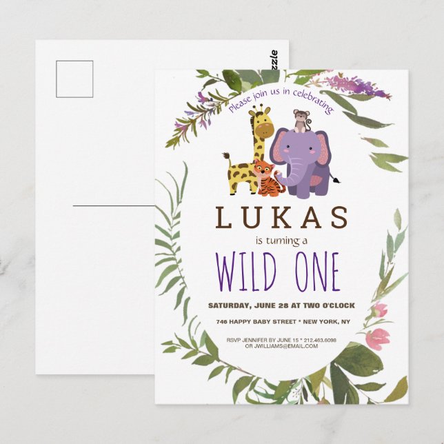 Cartão Postal Boys Jungle Safari Animal primeiro aniversario Inv (Frente/Verso)