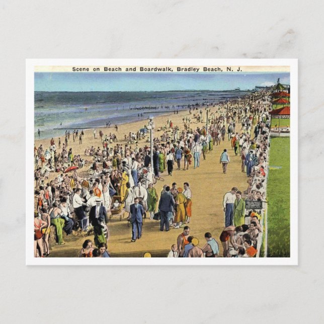 Cartão Postal Bradley Beach NJ Scene on the Beach Boardwalk 1936 (Frente)