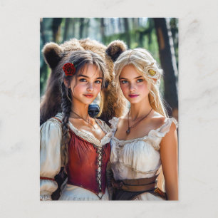 Cartão Postal Branca de Neve e Rosa Vermelha com o Urso