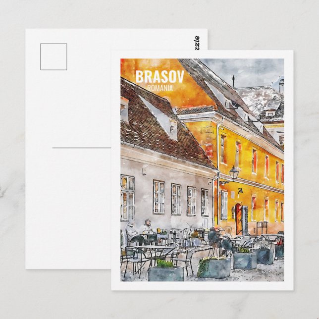 Cartão Postal Brasov Romênia Famoso Viagem Watercolor Sketch (Frente/Verso)