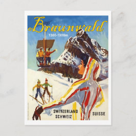 Cartão Postal Braunvald, montanhas da Suíça, pessoas de esqui