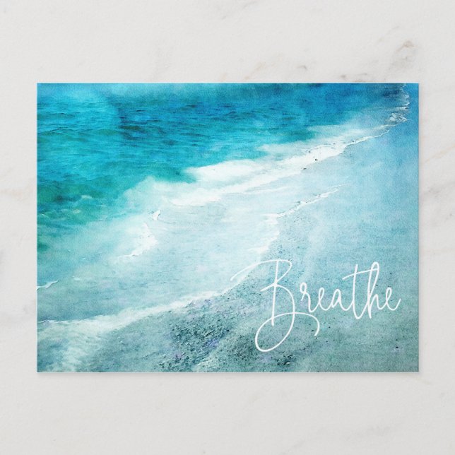 Cartão Postal Breathe Beach Cote Teal Blue Ocean Aspas (Frente)