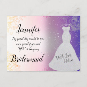 Cartão Postal Bridesmaid Rosa Bonito com Vestido de Casamento