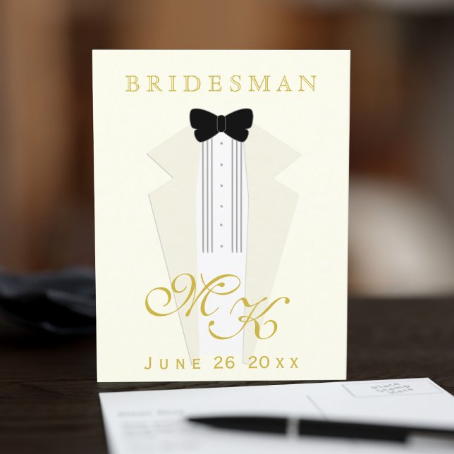 Cartão Postal Bridesman - Solicitar Proposta de Festa de casamen (Ask your Bridesman or Groomsman to be there for you on your special day.= with this tuxedo proposal)