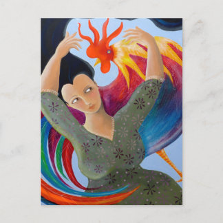 Cartão Postal Bright Colorful Rooster e Lady.