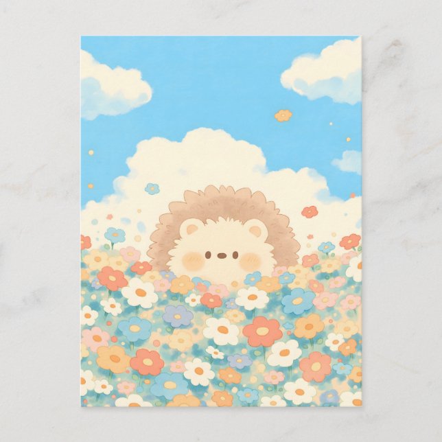 Cartão Postal Bright Sky Blue Kawaii Hedgehog Meadow (Frente)