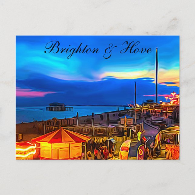 Cartão Postal Brighton e Hove Beach e Sunset Digital Painting (Frente)
