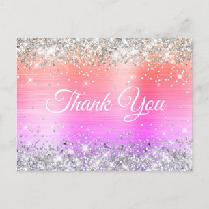 Cartão Postal Brilhante Glitter Prata Coral Rosa Folha de Obriga