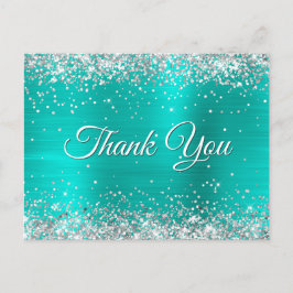 Cartão Postal Brilhante Glitter Prata Turquesa Folha de Agradeci