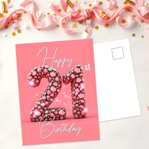 Cartão Postal Brilhante Pedra Preciosa Rosa e Prata Aniversário 