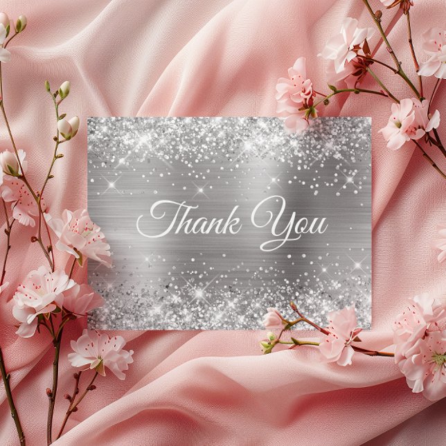 Cartão Postal Brilhante Prateado Glitter Prata Foil Obrigado (Sparkly Silvery Glitter Silver Foil Thank You Postcard)