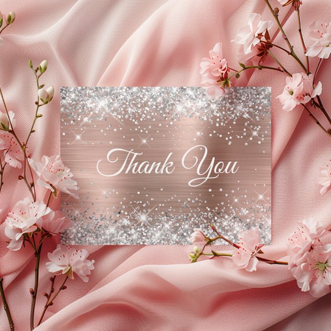 Cartão Postal Brilhante Rosa Glitter Prata Dourado Espelho Obrig (Sparkly Silver Glitter Rose Gold Foil Thank You Postcard)