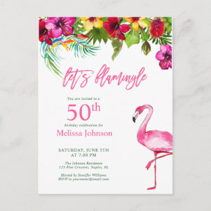 Cartão Postal Brilhante Rosa Tropical Flamingo de 50 Anos