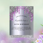 Cartão Postal brilho da festa de aniversário de prata roxa<br><div class="desc">Um convite moderno, na moda e glamouroso para a 50ª festa de aniversário (ou qualquer idade) da mulher. Um fundo metálico roxo e falso prateado, com pingado falso, pingado de prata. O nome é escrito com um moderno script estilo escrito à mão preta. Personalize e adicione um nome, idade e...</div>