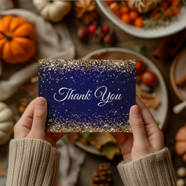 Cartão Postal Brilho Dourado Falso Glitter Azul Marinho Obrigado