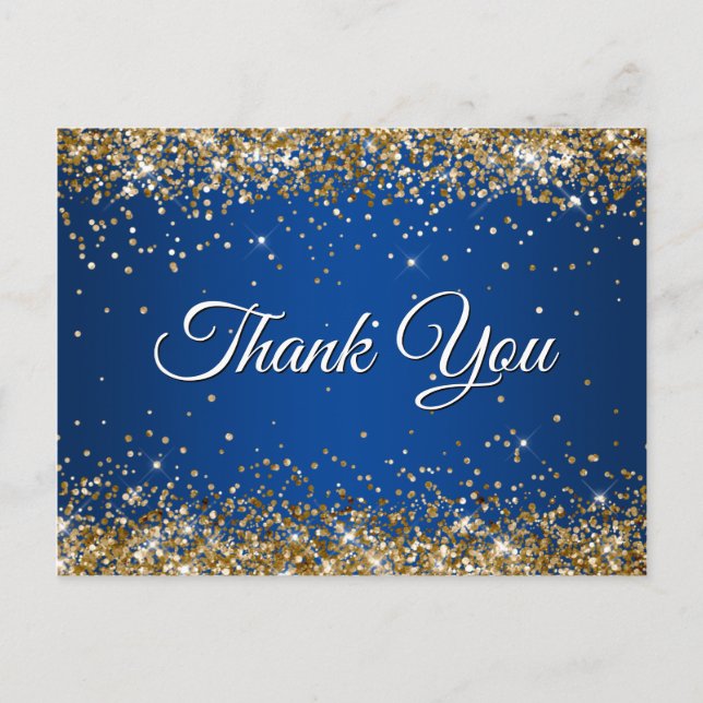 Cartão Postal Brilho Dourado Falso Glitter Azul Profundo Obrigad (Frente)