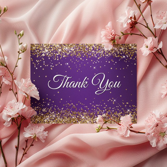 Cartão Postal Brilho Dourado Falso Roxo Real Obrigado (Faux Sparkly Gold Glitter Purple Thank You Postcard)