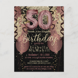 Cartão Postal Brilho Dourado Rosa e Preto Aniversário de 50 anos