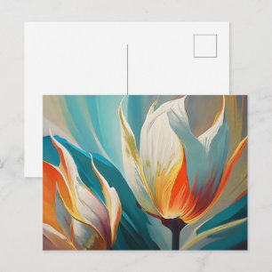 Cartão Postal Brilho Floral Abstrato em Turquesa e Laranja