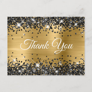 Cartão Postal Brilho Preto Glitter Folha Dourada Obrigado
