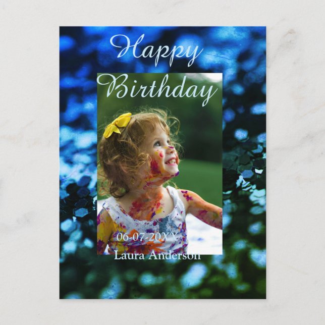 Cartão Postal Brilho verde azul foto crianças aniversário modern (Frente)