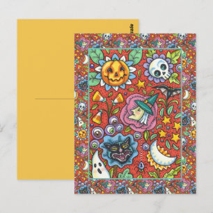 CARTÃO POSTAL BRINCADEIRA, GATO, FANTASMA, COLORIDA HALLOWEEN FO