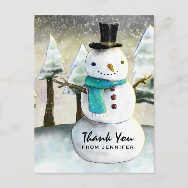 Cartão Postal Brincadeira Snowman Winter Scene Christmas Obrigad (Frente)