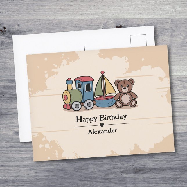 Cartão Postal Brinquedos de Madeira com trem, veleiro e ursinho (Wooden Toys with train, sailboat, and teddy bear Postcard)