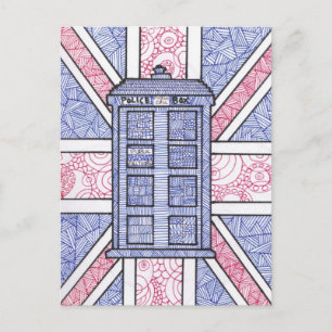 Cartão Postal British Police Box e Union Jack Flag, ilustrados