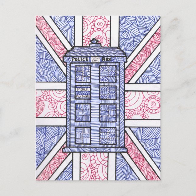 Cartão Postal British Police Box e Union Jack Flag, ilustrados (Frente)
