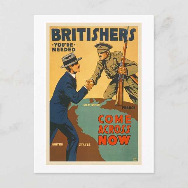 Cartão Postal Britishers vêm agora pela WI British Propaganda (Frente)