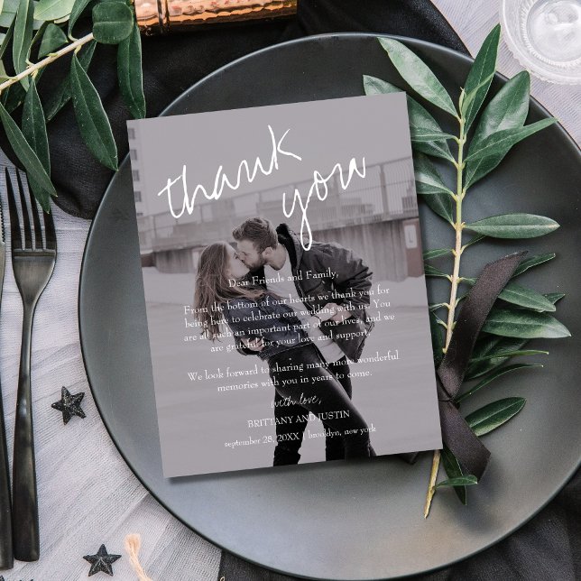Cartão Postal Brittany Black Photo Recepção de casamento Obrigad (Simple, modern and elegant wedding reception thank you card with photo and trendy script font)