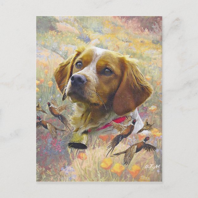 Cartão Postal Brittany Spaniel Art , caça aos faisões (Frente)