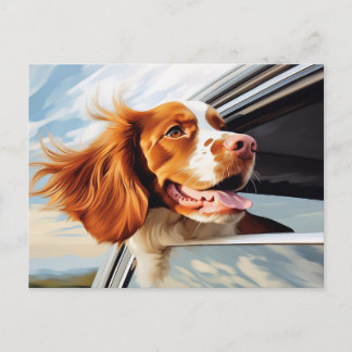 Cartão Postal Brittany spaniel na janela do carro