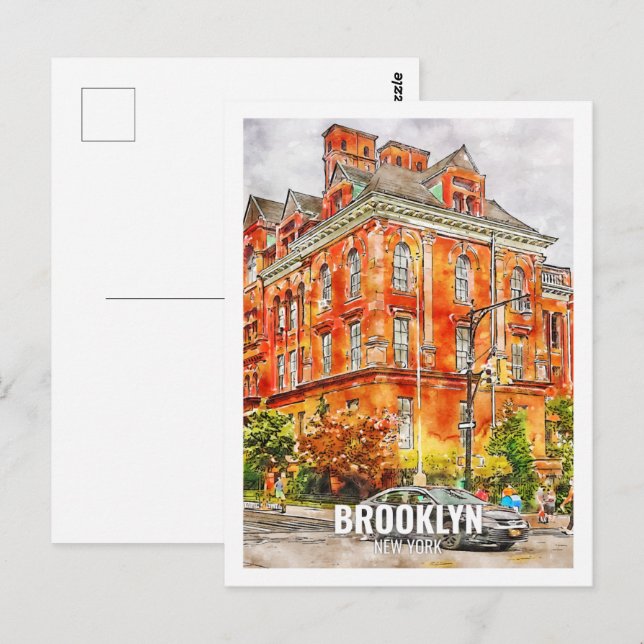 Cartão Postal Brooklyn New York Viagem Place Watercolor (Frente/Verso)