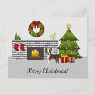 Cartão Postal Brown Boston Terrier Em Uma Sala De Natal Festiva